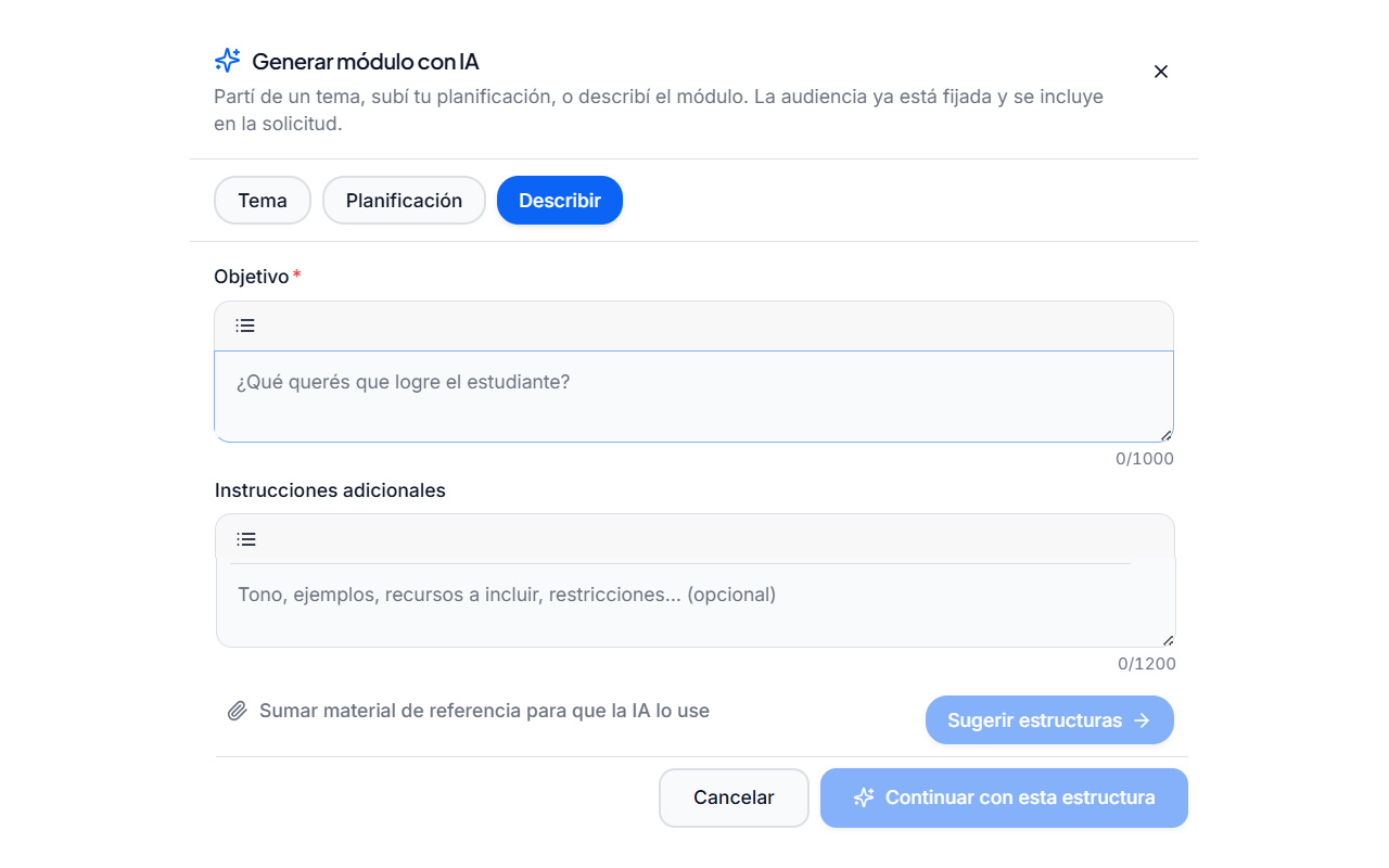 Panel donde el docente instruye a Berni con el objetivo y las instrucciones adicionales